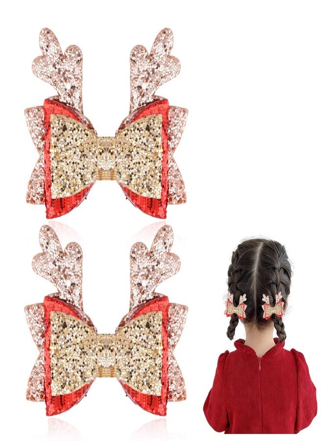 Sdopbinbin 2Pcs Deer Antler Hair Clips Gold Glitter Christmas Bow Hair Clips Barrettes Cute Reindeer Hair Clip Gold Red Christmas Hair Accessories for Toddler Girls Kids Sparkly Bowknot Hair Barrettes for Girls - Image 1